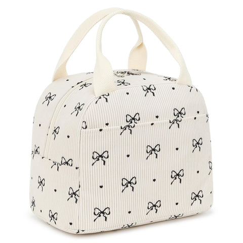 EurCross Cute Bow Tie Lunch Bag in ivory corduroy featuring a front pocket for small essentials.