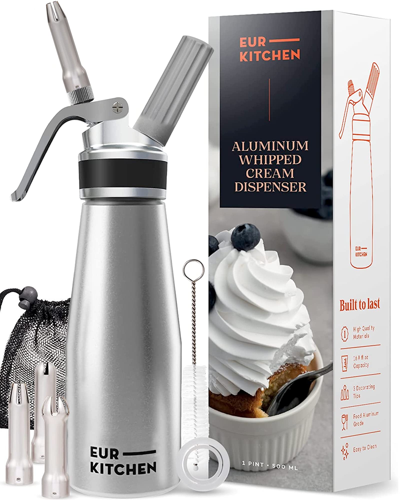 EurKitchen professional aluminum whipped cream dispenser ready for dessert toppings.