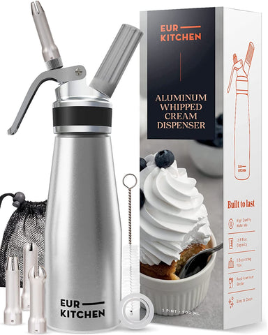 EurKitchen professional aluminum whipped cream dispenser ready for dessert toppings.