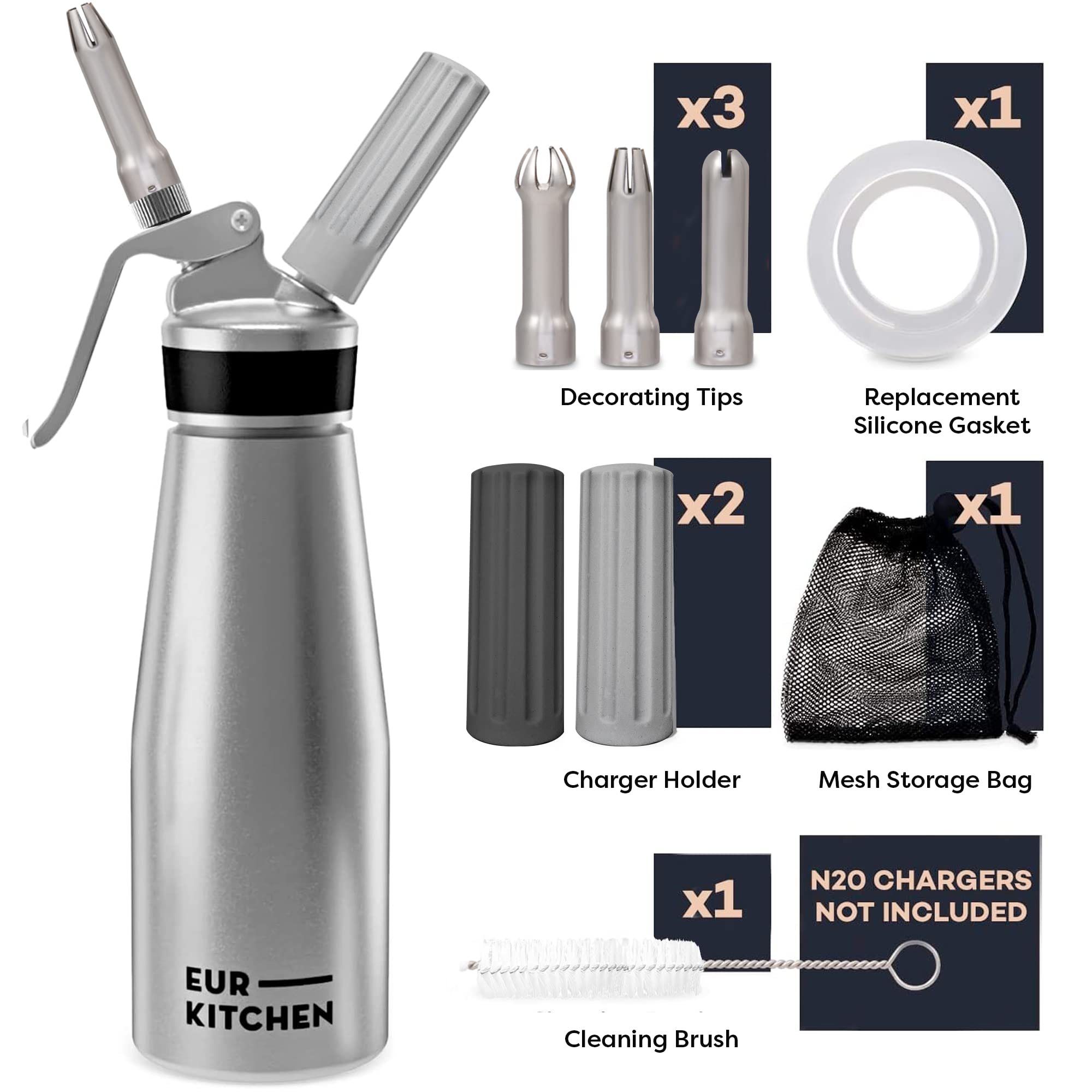 EurKitchen whipped cream dispenser with three decorating tips for elegant presentation.