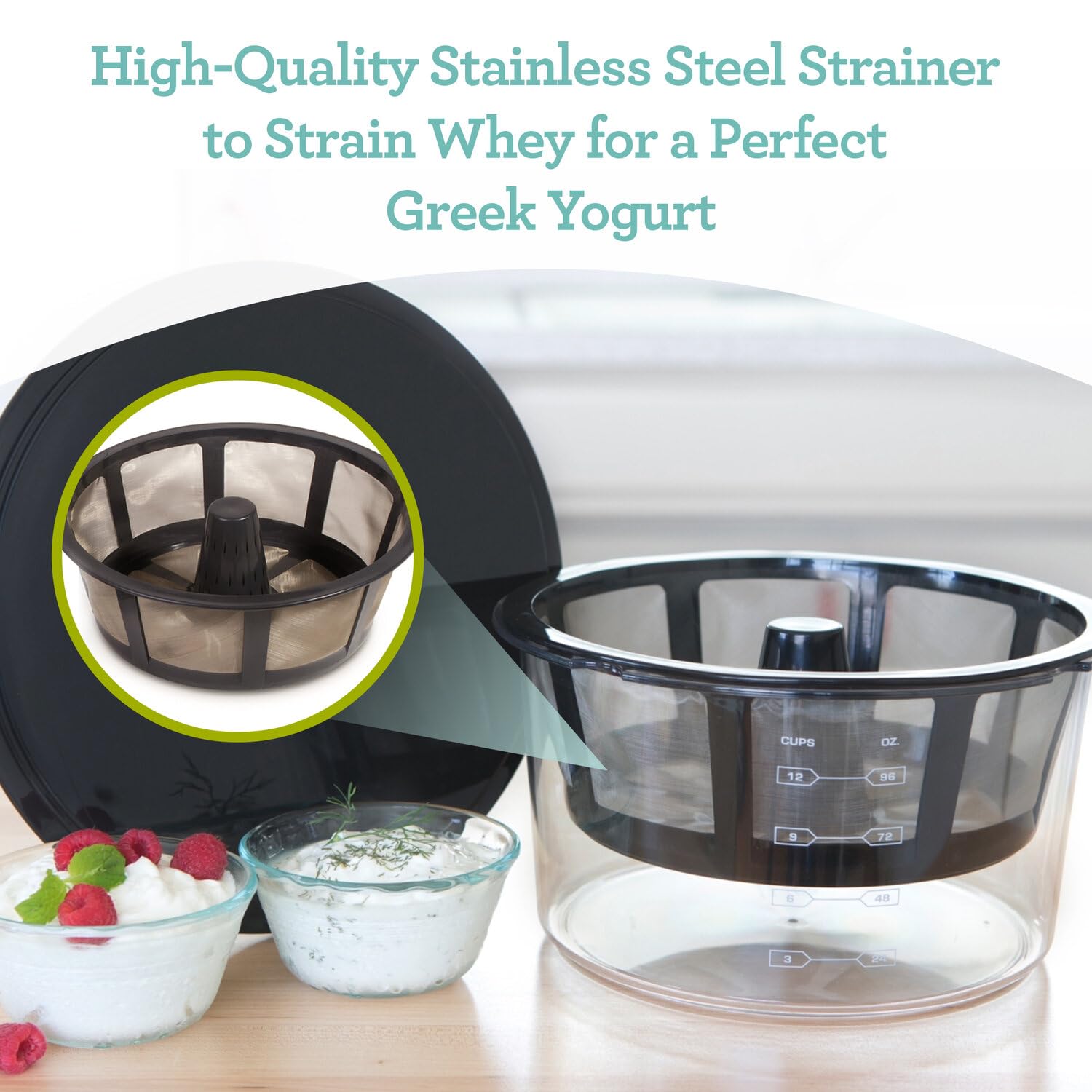 Euro Cuisine GY60 recipe book included for quick ideas like tzatziki and desserts.