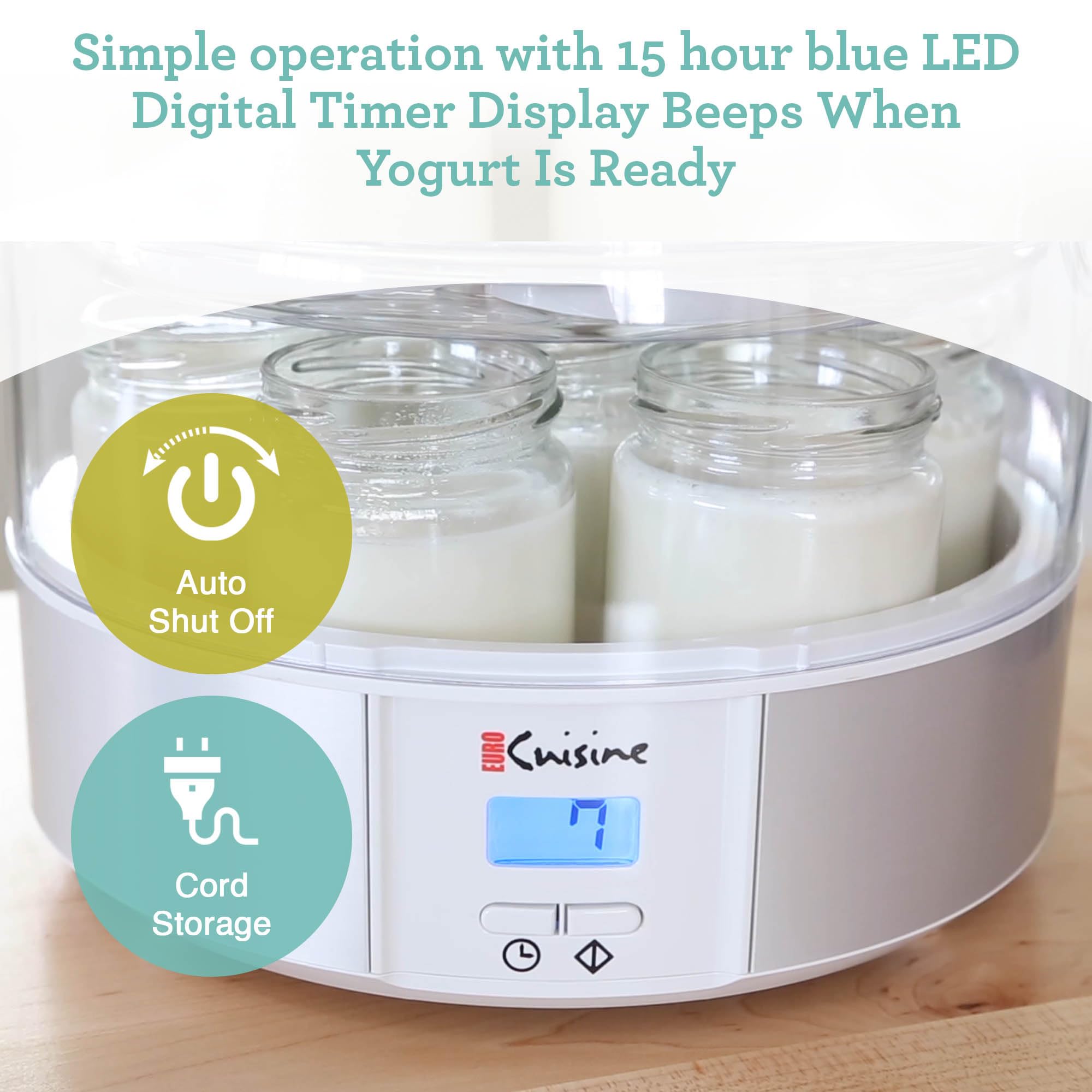 Euro Cuisine YMX650 blue LED timer signals readiness of yogurt