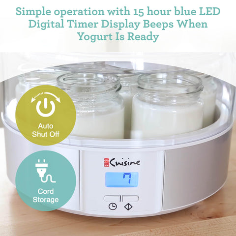 Euro Cuisine YMX650 blue LED timer signals readiness of yogurt