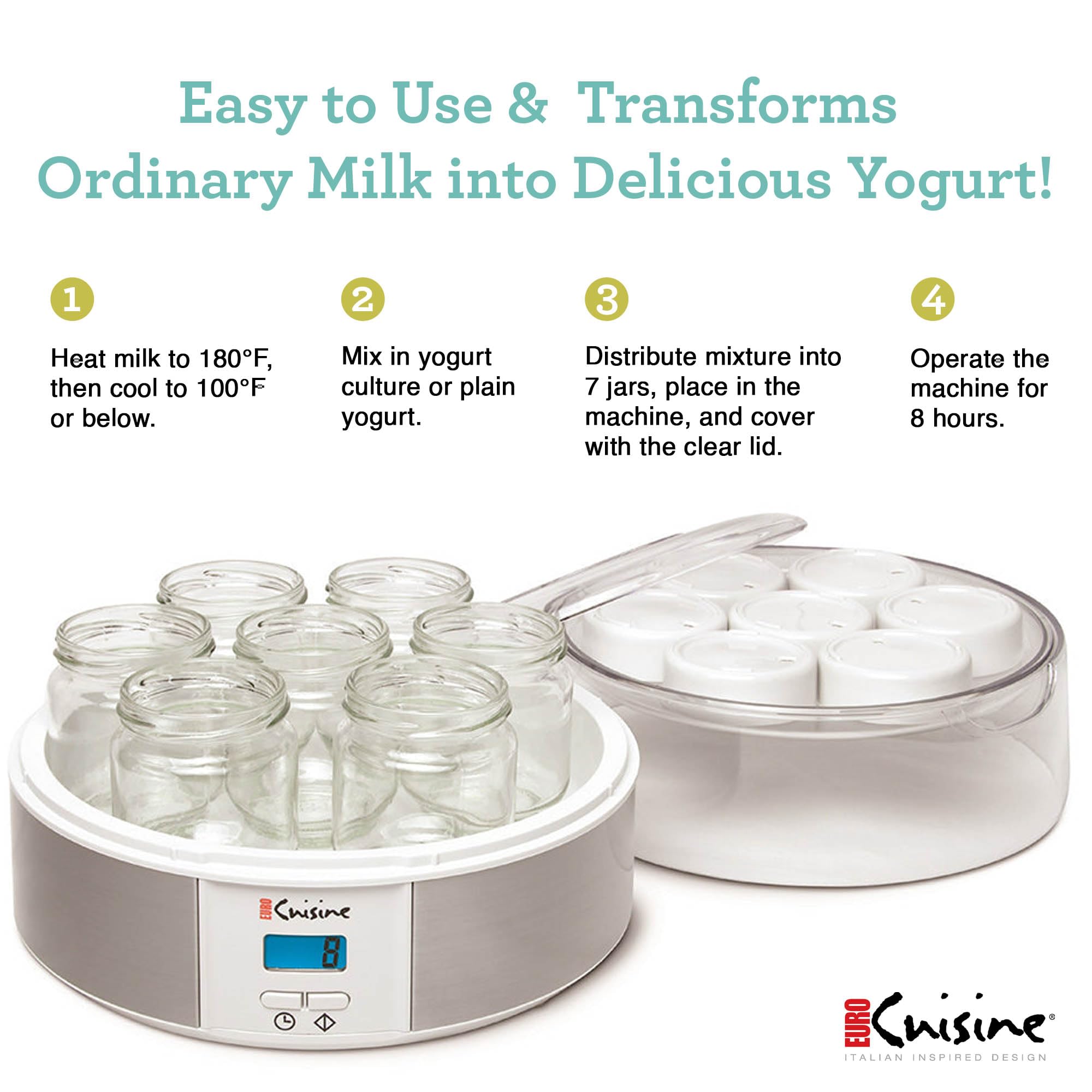 Euro Cuisine YMX650 with seven glass jars for portioned servings