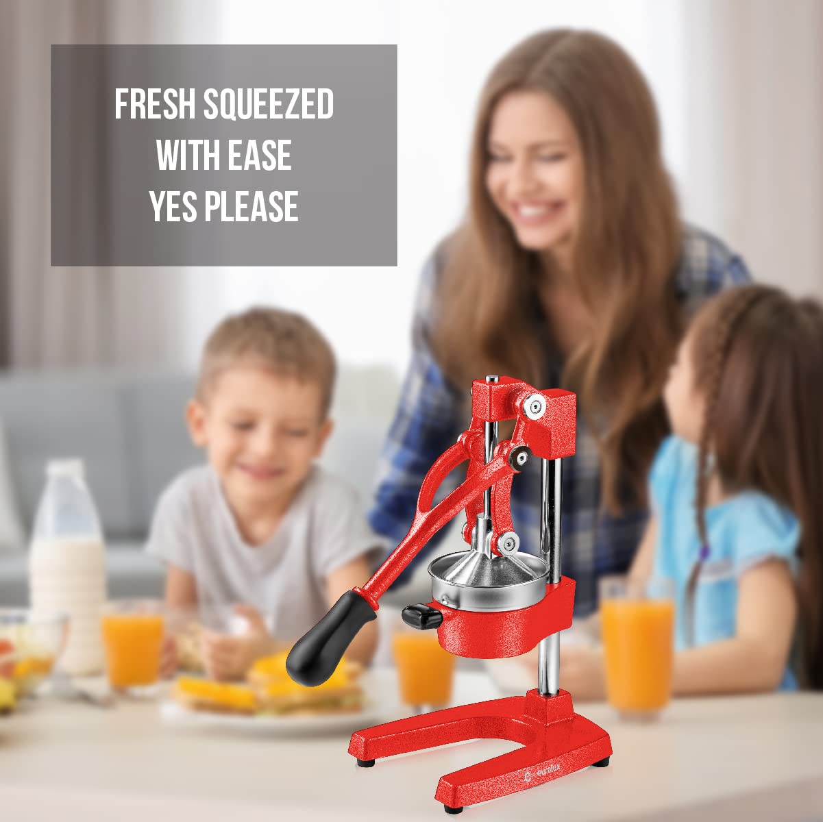 Eurolux juicer with stainless steel cup ready to collect fresh juice
