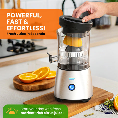 Eurolux juicer close-up shows one-touch operation for easy citrus pressing.