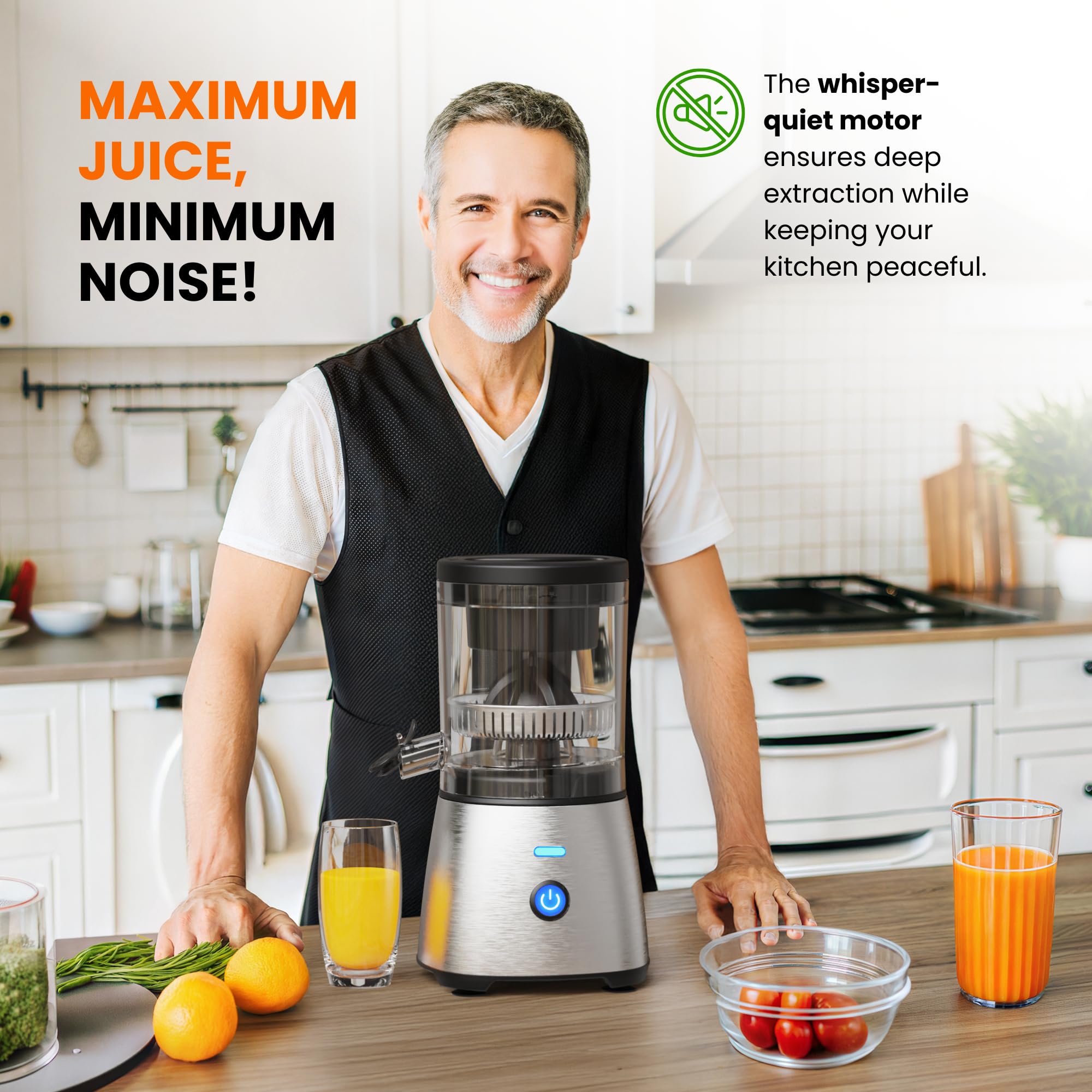 Stable base and rest interval protection reduce movement during juicing.