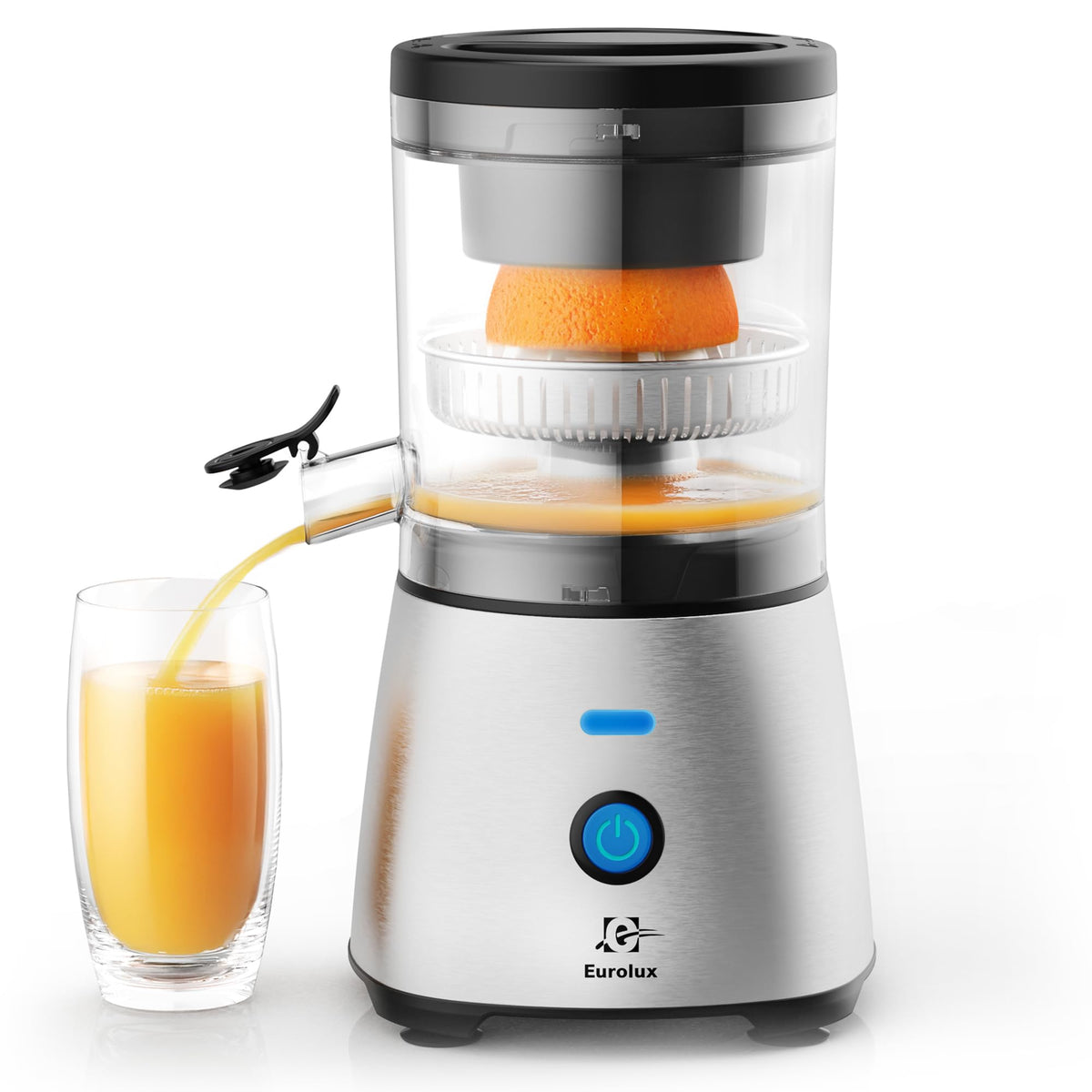 Eurolux electric citrus juicer in stainless steel front view, quick juice extraction.