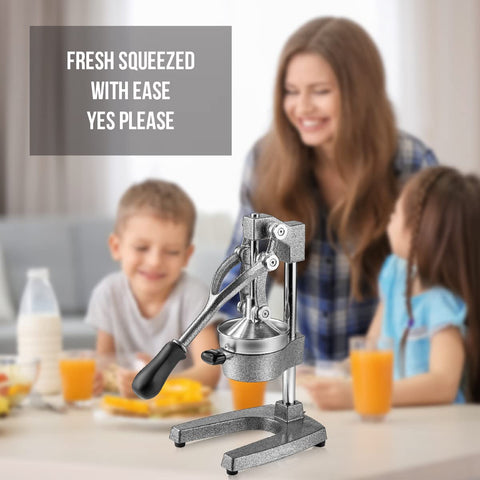 Heavy-duty countertop juicer in gray stands securely during use.