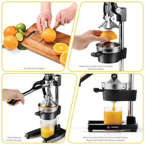 Eurolux juicer countertop-ready design keeps juice accessible.