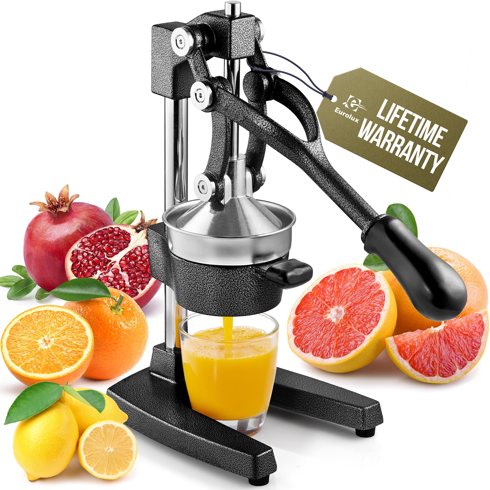 Eurolux juicer heavy-duty cast-iron front view highlights durable construction for steady commercial use.