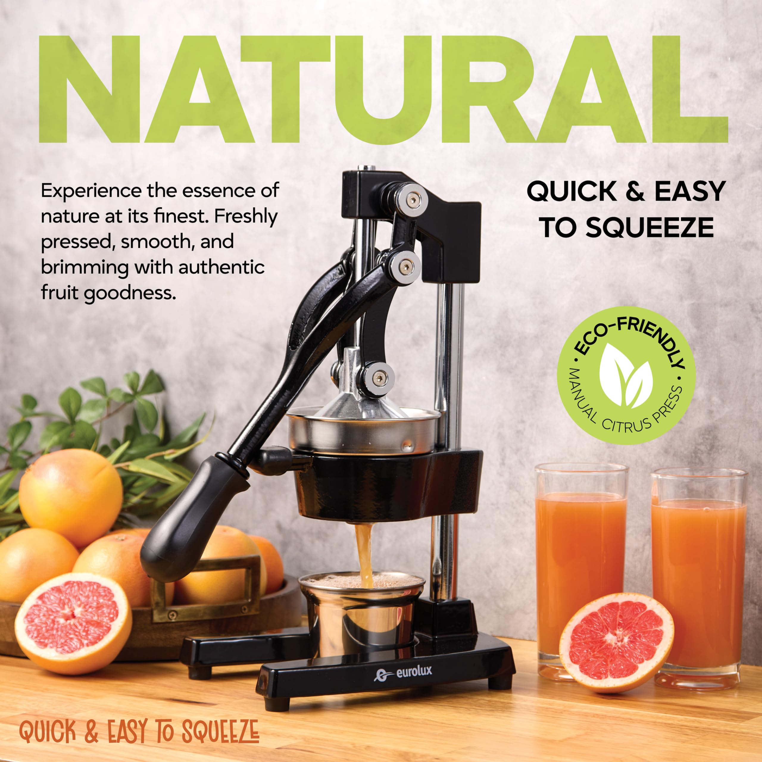 Eurolux juicer lever-action in use delivers strong leverage for quick juice.
