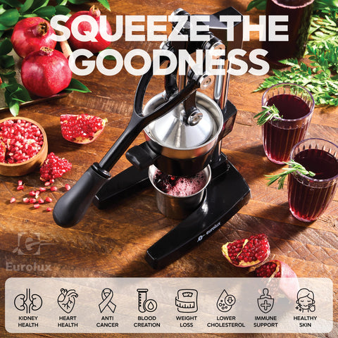 Eurolux juicer wide bowl area accommodates large fruits for easy juicing.