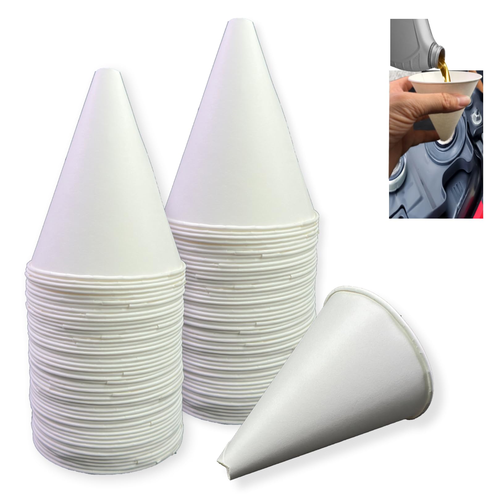 Euslbak paper funnels for motor oil provide clean, spill-free pouring into the engine.