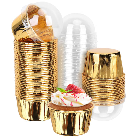 EUSOAR gold cupcake cups with lids for oven baking and portioning.