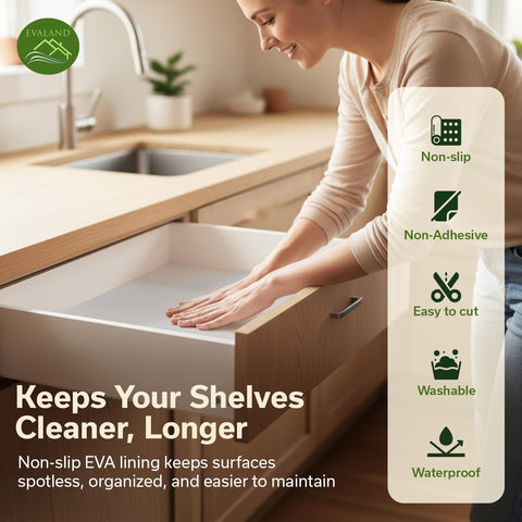 Evaland pantry shelf liner helps keep items organized and easy to wipe clean.