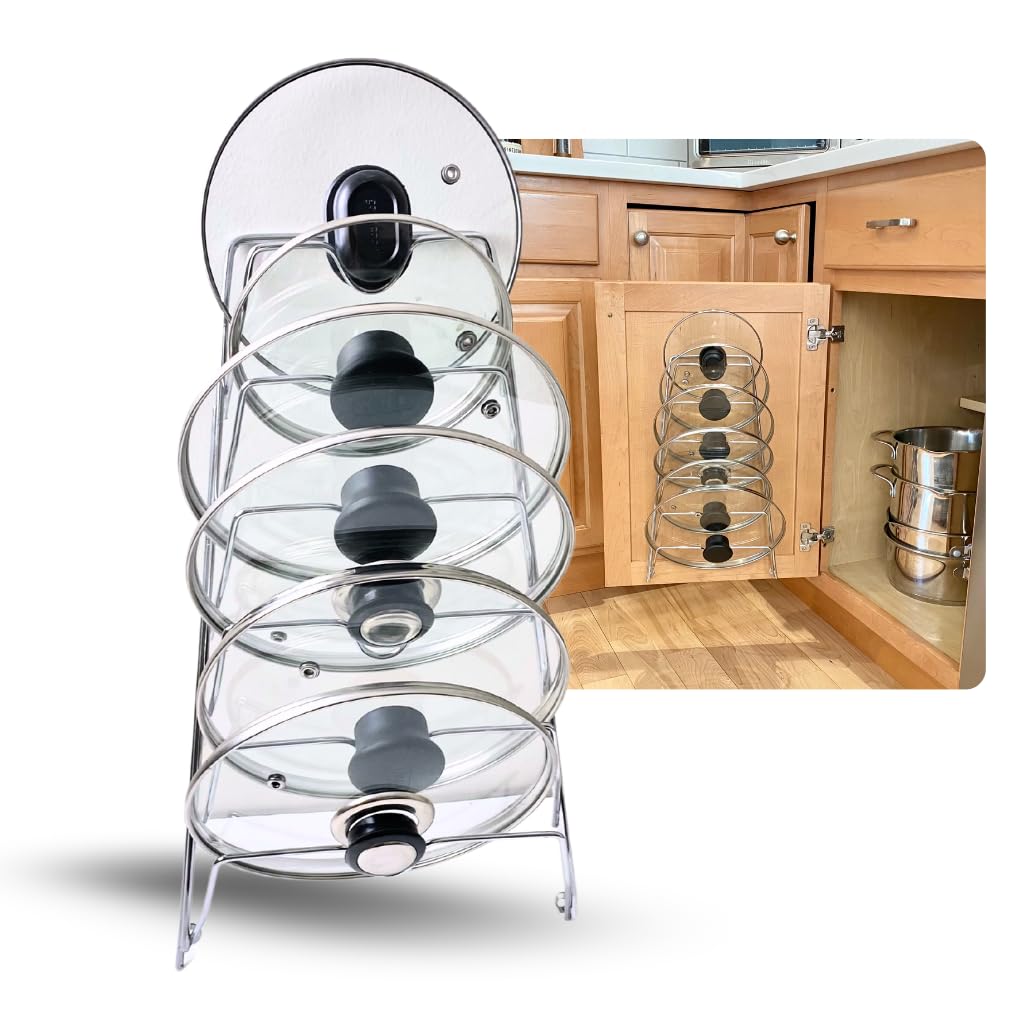 Evelots 6-tier lid organizer on cabinet door keeps lids accessible for cooking