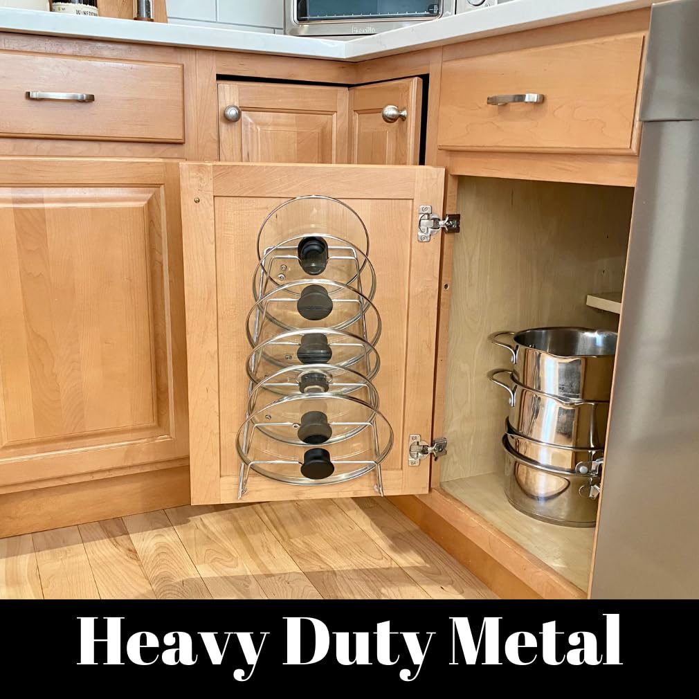 Evelots lid rack mounted on cabinet door saves space and declutters