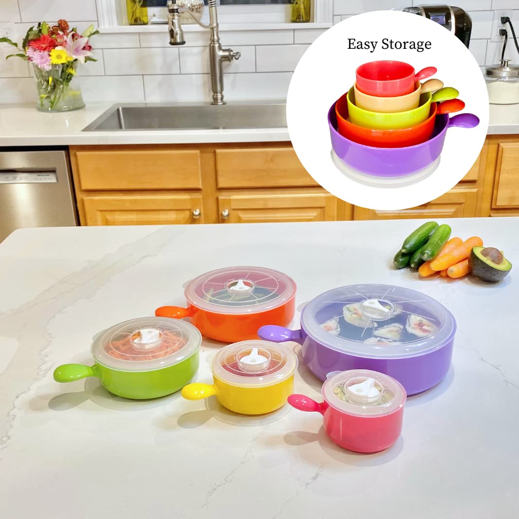 Evelots colorful bowls on a kitchen counter ready for soups and ramen