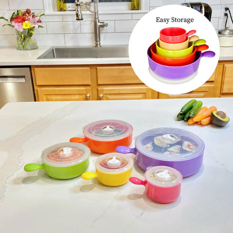 Evelots colorful bowls on a kitchen counter ready for soups and ramen