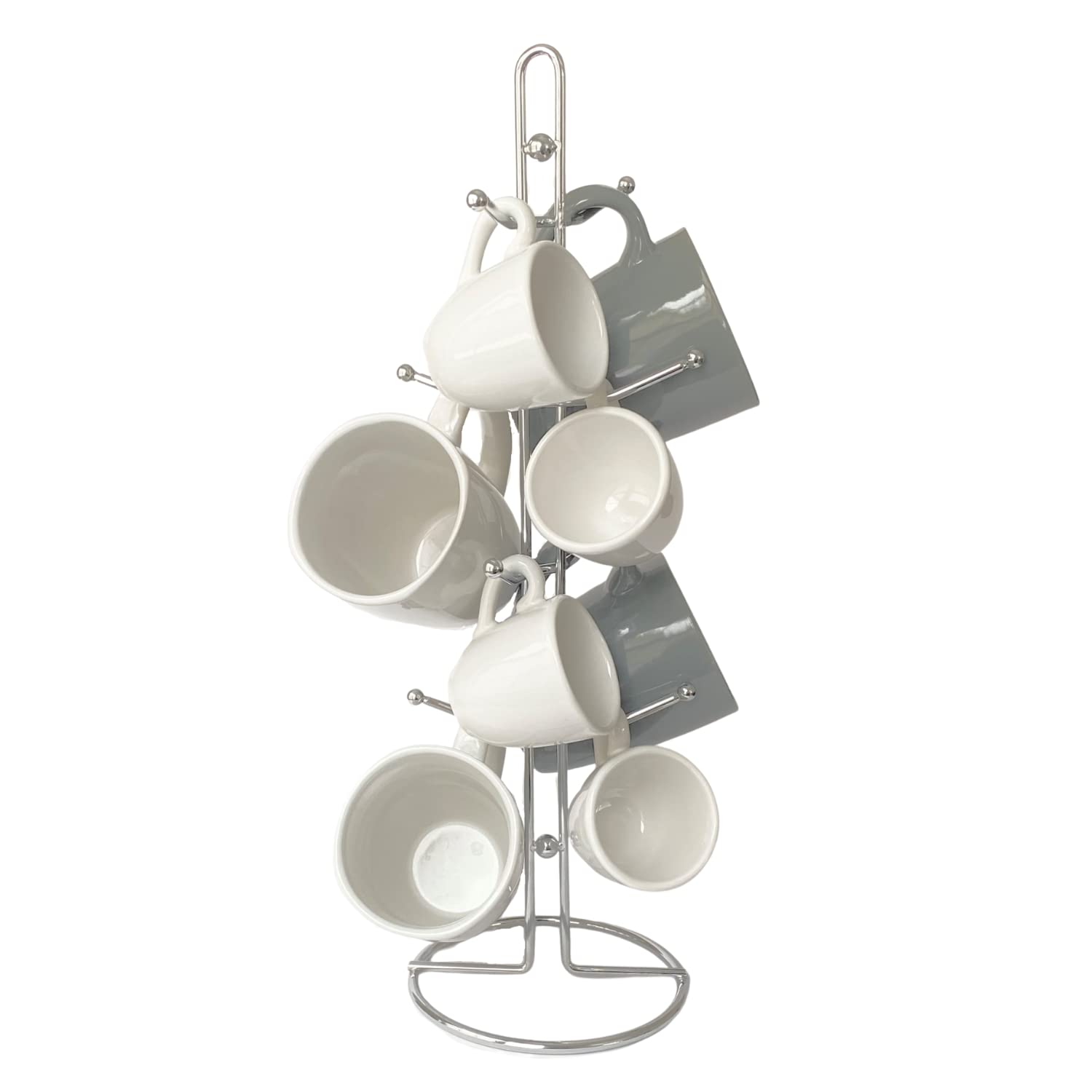 Evelots chrome coffee cup holder on countertop with eight mugs
