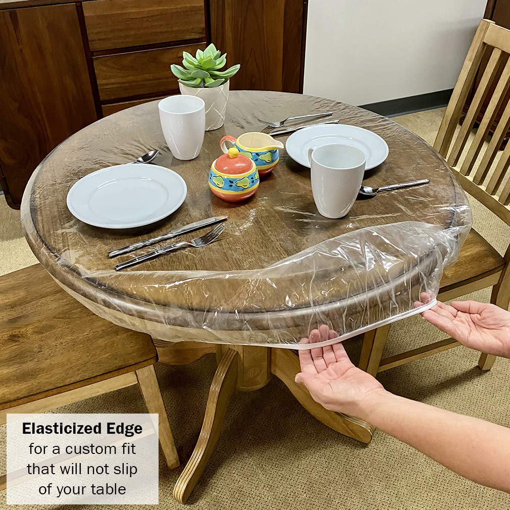 Evelots elasticized edge keeps the round table cover snug and slip-free.