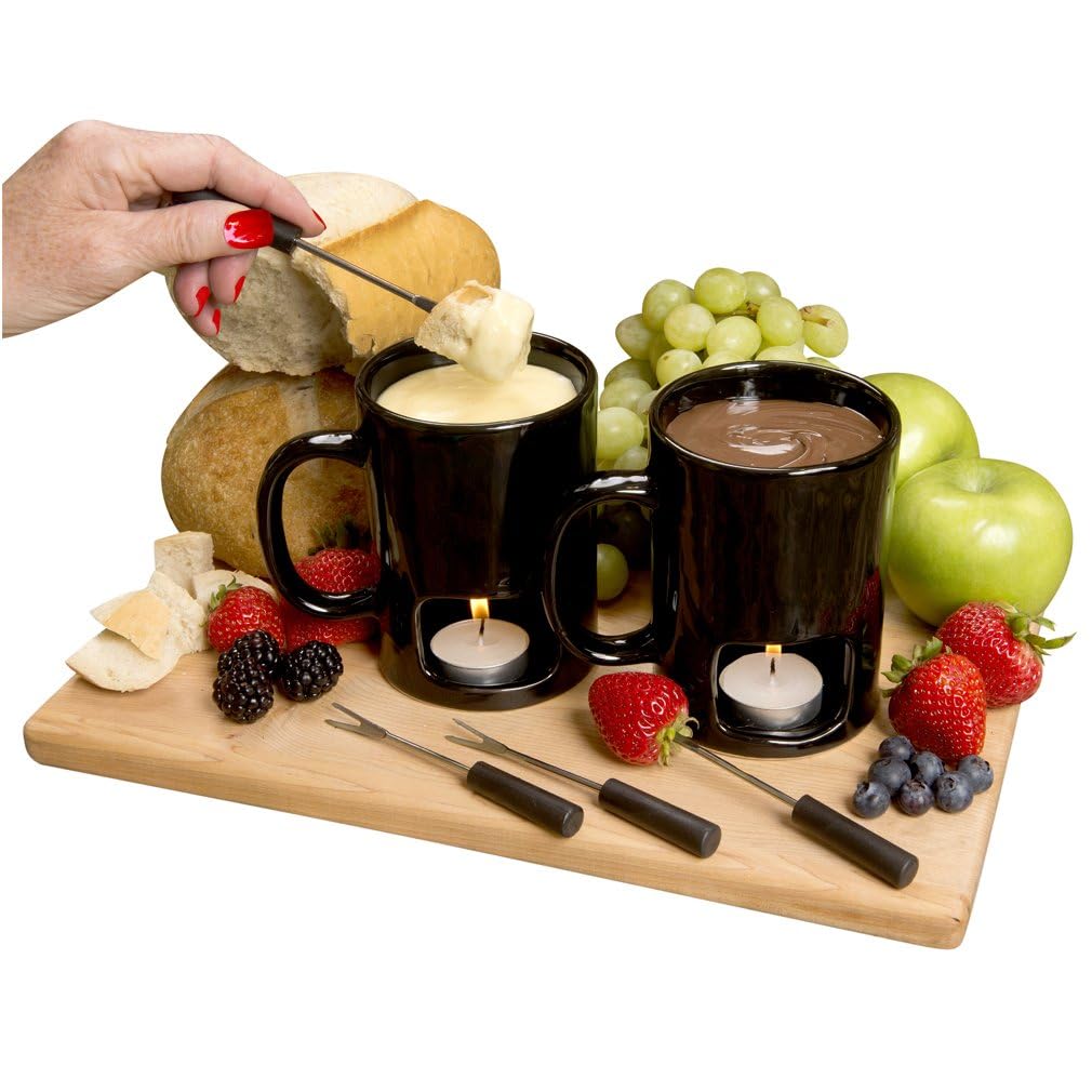 Evelots fondue mug set white ceramic for cheese or chocolate dipping