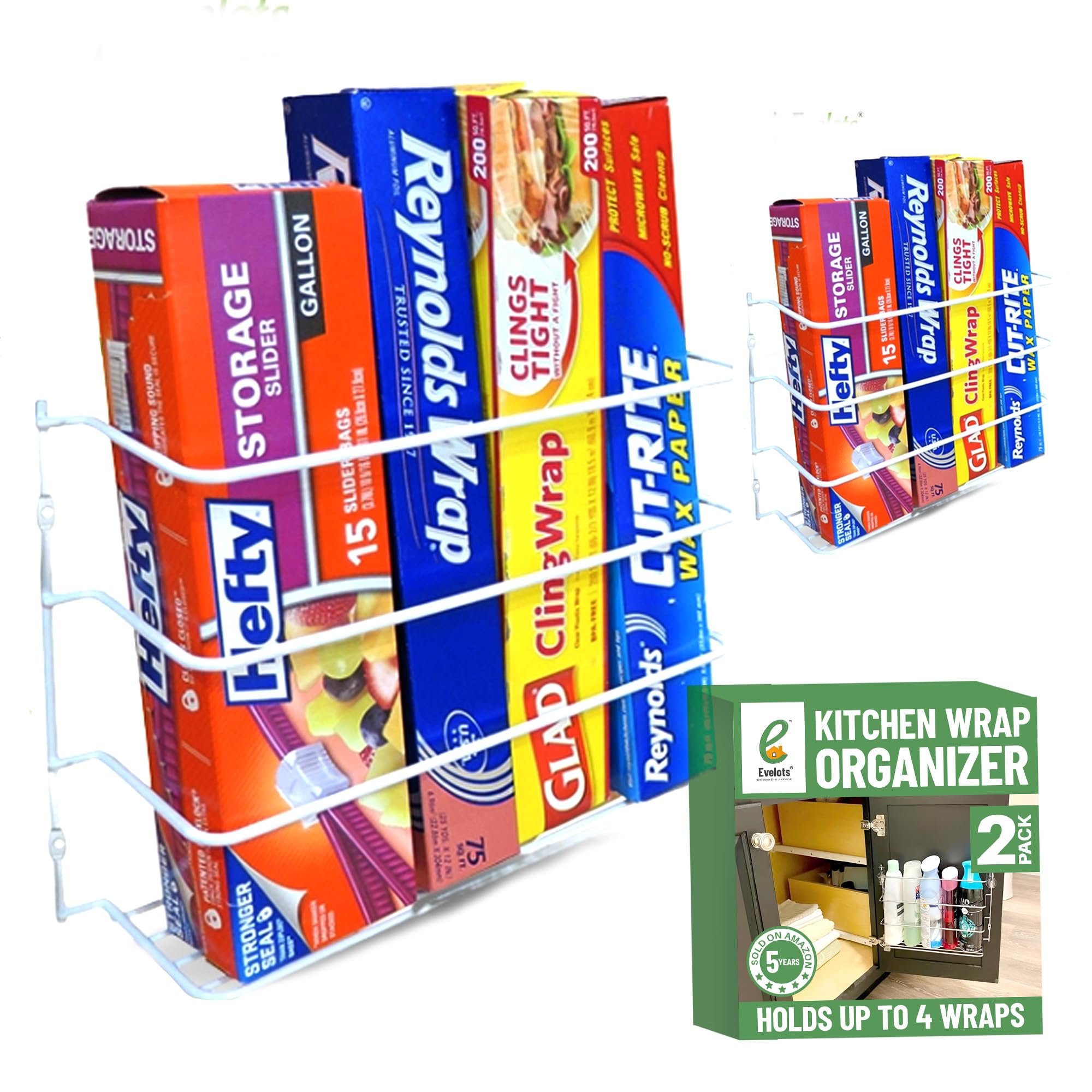 Evelots kitchen wrap organizer on cabinet door keeps wax paper within reach and organized.
