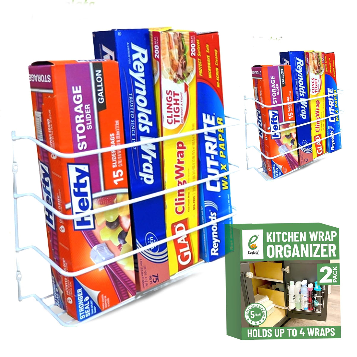 Evelots kitchen wrap organizer on cabinet door keeps wax paper within reach and organized.