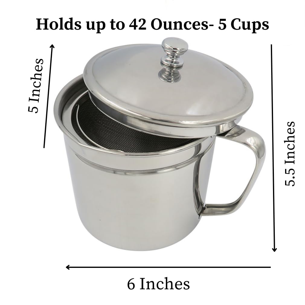 Evelots stainless mesh strainer keeps grease clean and solids separated.