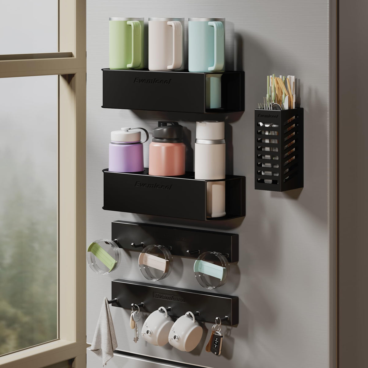 Evemlceol magnetic cup holder for fridge keeps large cups secure on metal surfaces.