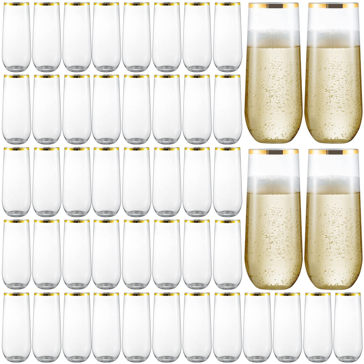 EventPartener 48-pack plastic stemless flutes with gold rim for elegant toasts.