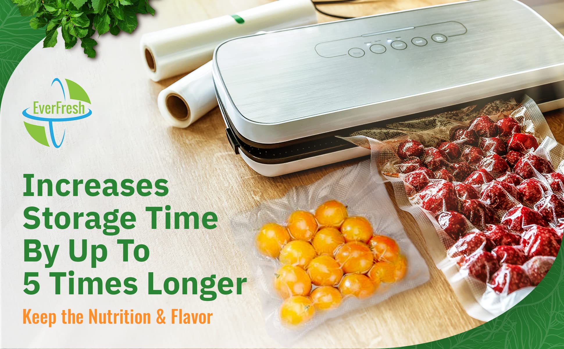 EverFresh FoodSaver-compatible rolls beside compatible machine.