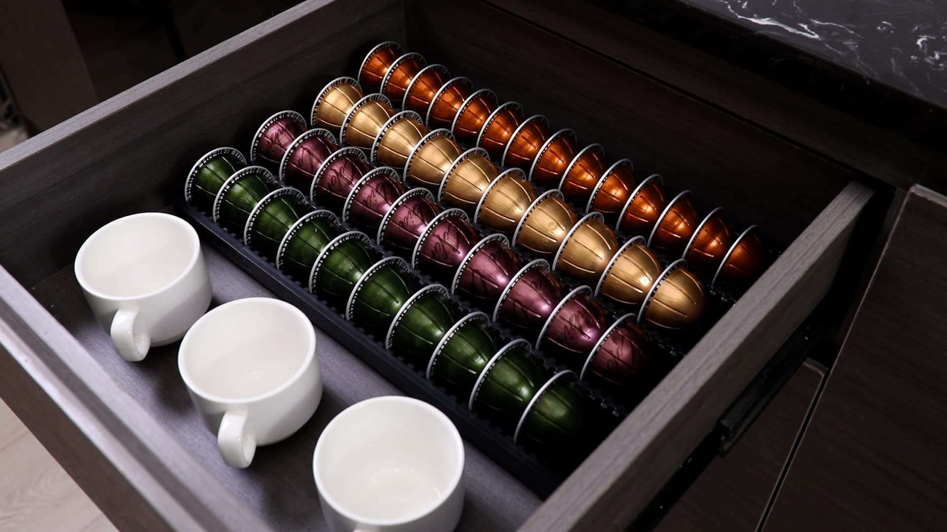EVERIE Coffee Pod Drawer Insert in a kitchen cabinet demonstrates a compact fit.