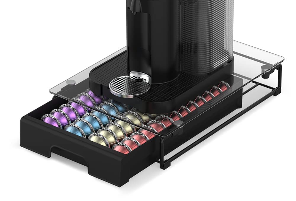 EVERIE crystal glass drawer organizer for Vertuo capsules, front view showing accessible capsules.