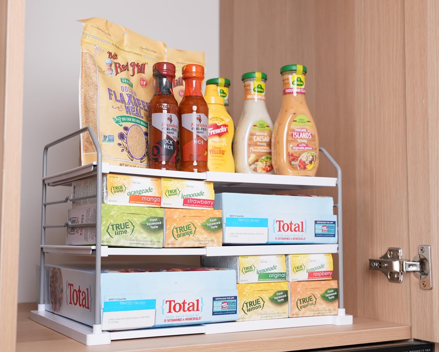 EVERIE extendable 3-tier holder jar bottle storage in pantry context.