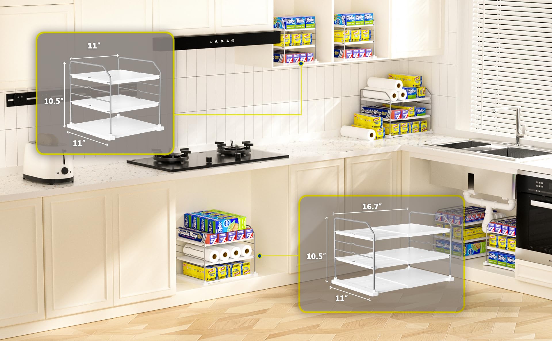 EVERIE extendable 3-tier holder stable tray close-up without wobble.