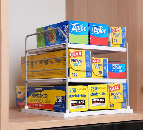EVERIE extendable 3-tier holder wide front view shows expanded storage capacity.