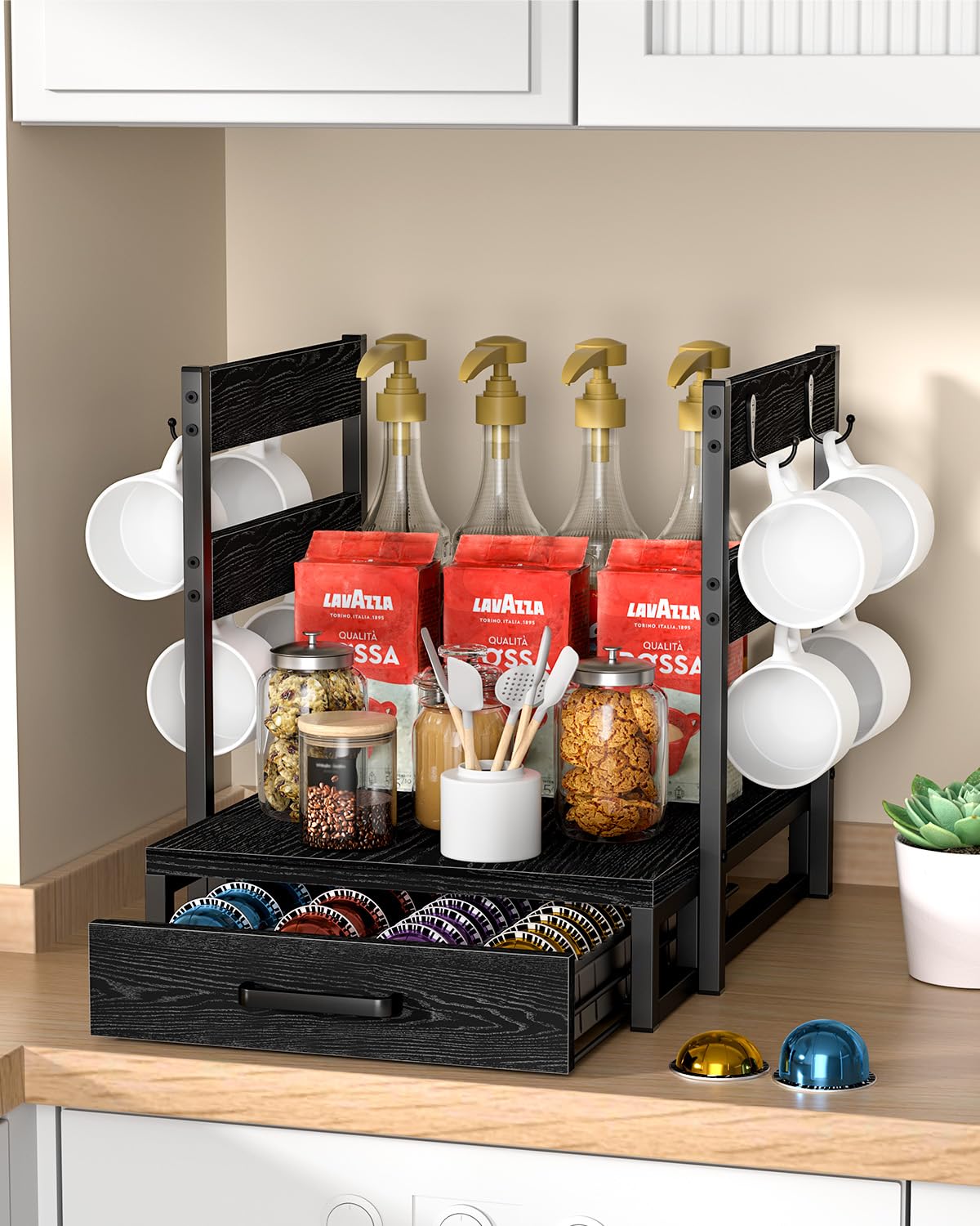 Evermagin wooden top stand supports the coffee maker for a neat counter setup.