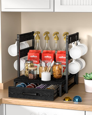 Evermagin wooden top stand supports the coffee maker for a neat counter setup.