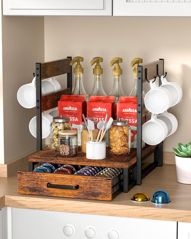 Evermagin wooden top stores a coffee maker and accessories neatly.
