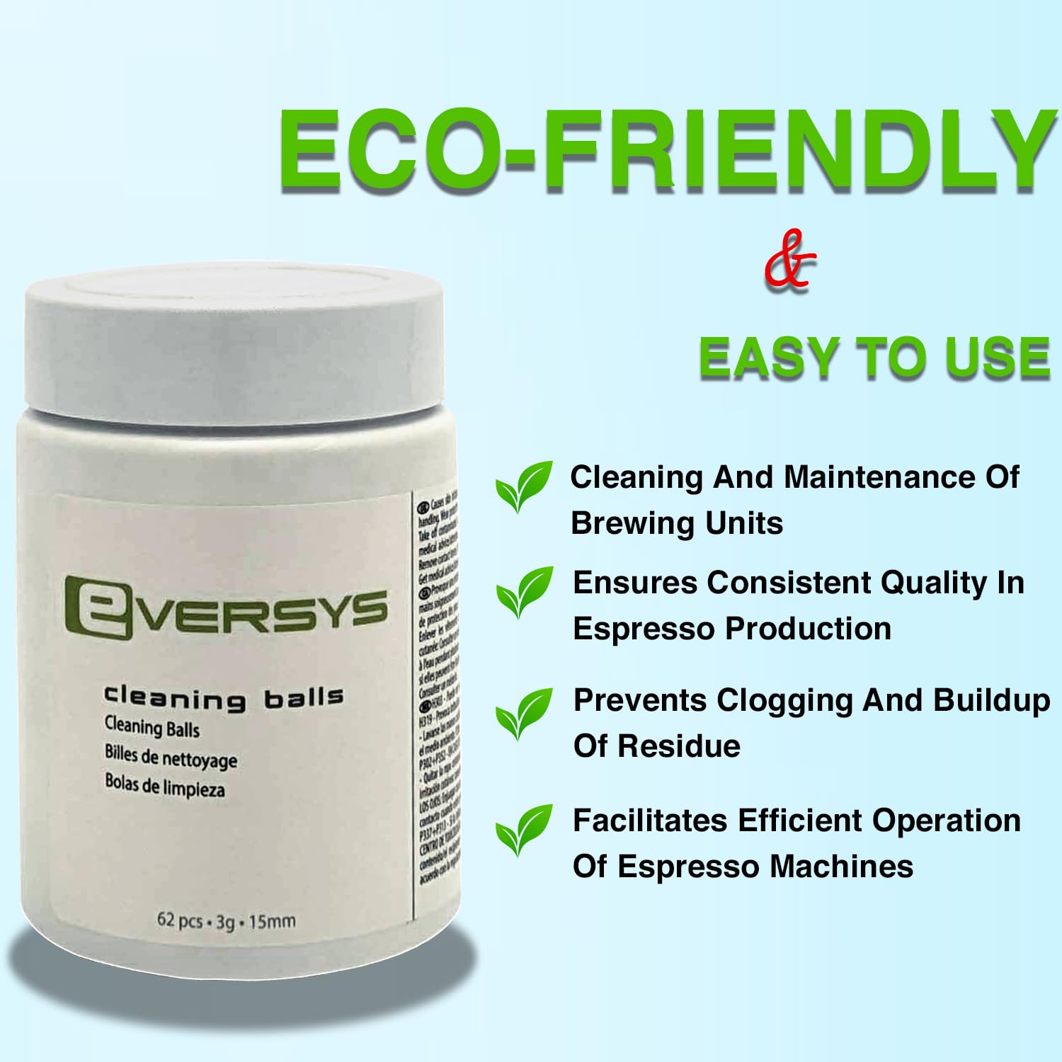 Closeup of Eversys Cleaning Balls, compact cleaning aid for daily use.