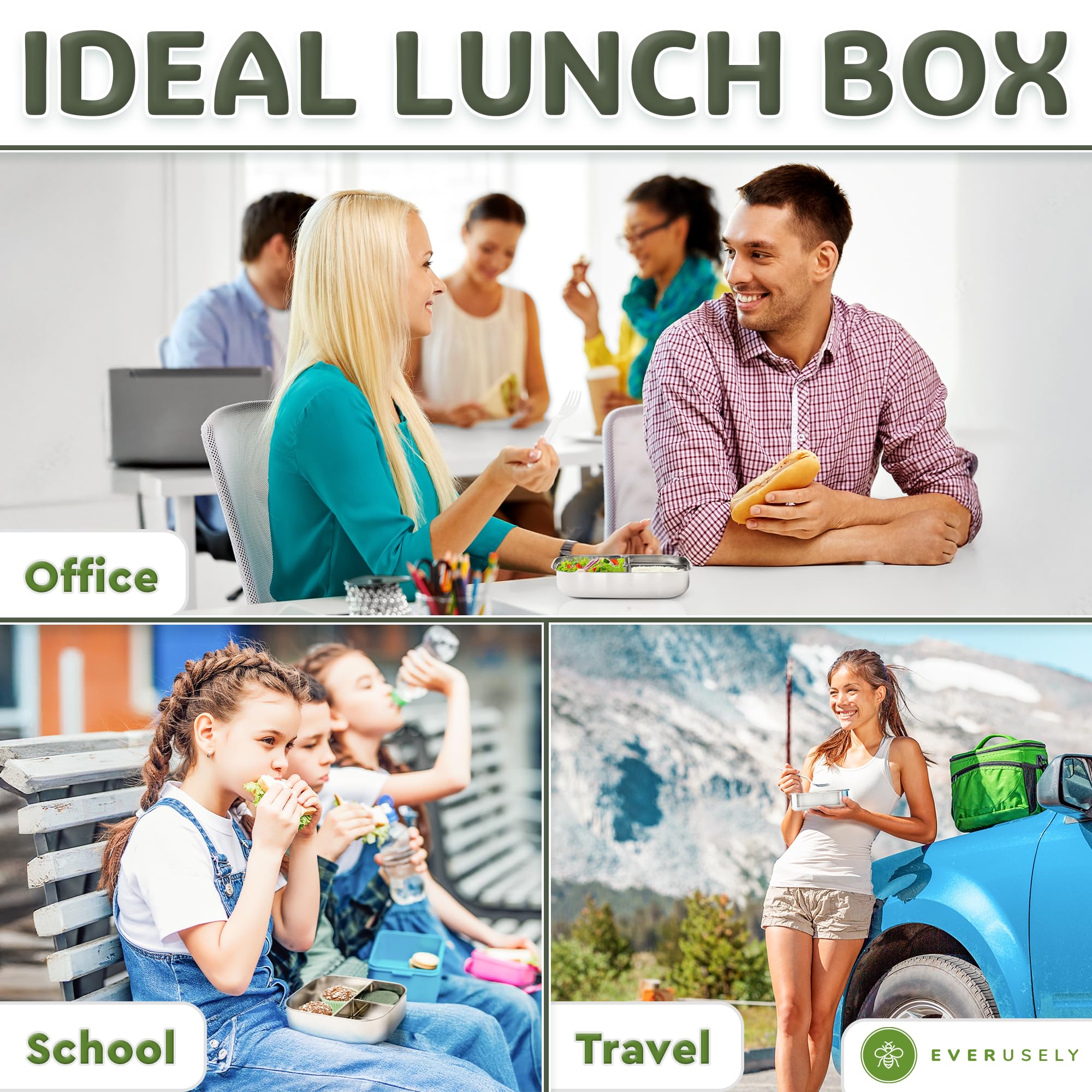 Everusely Bento Box Sage supports 27-ounce capacity for hearty lunches.