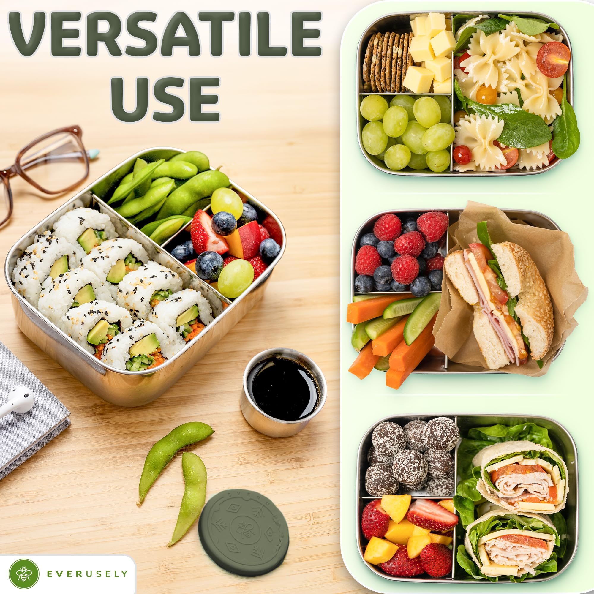 Everusely Sage Bento Box uses silicone band to prevent spills.