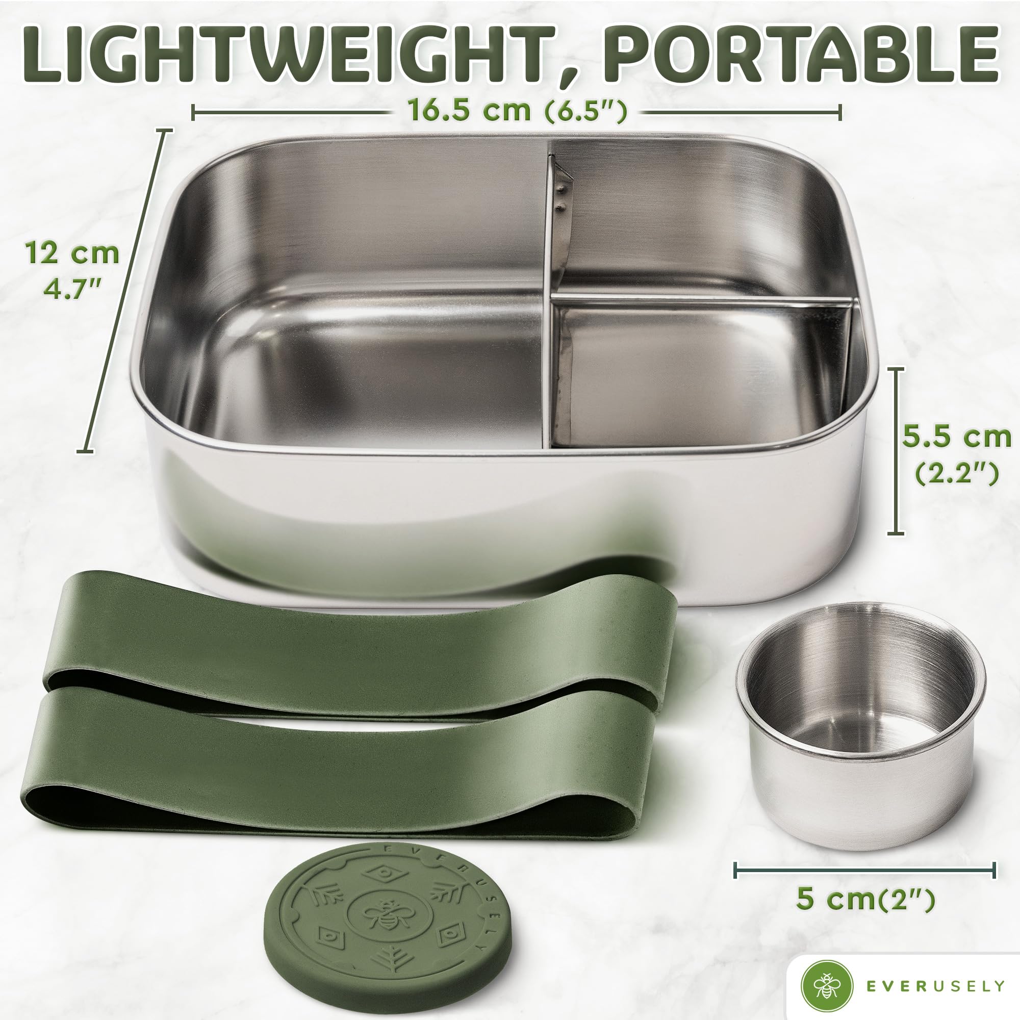 Everusely Bento Box Sage three-compartment design keeps snacks separated during travel.