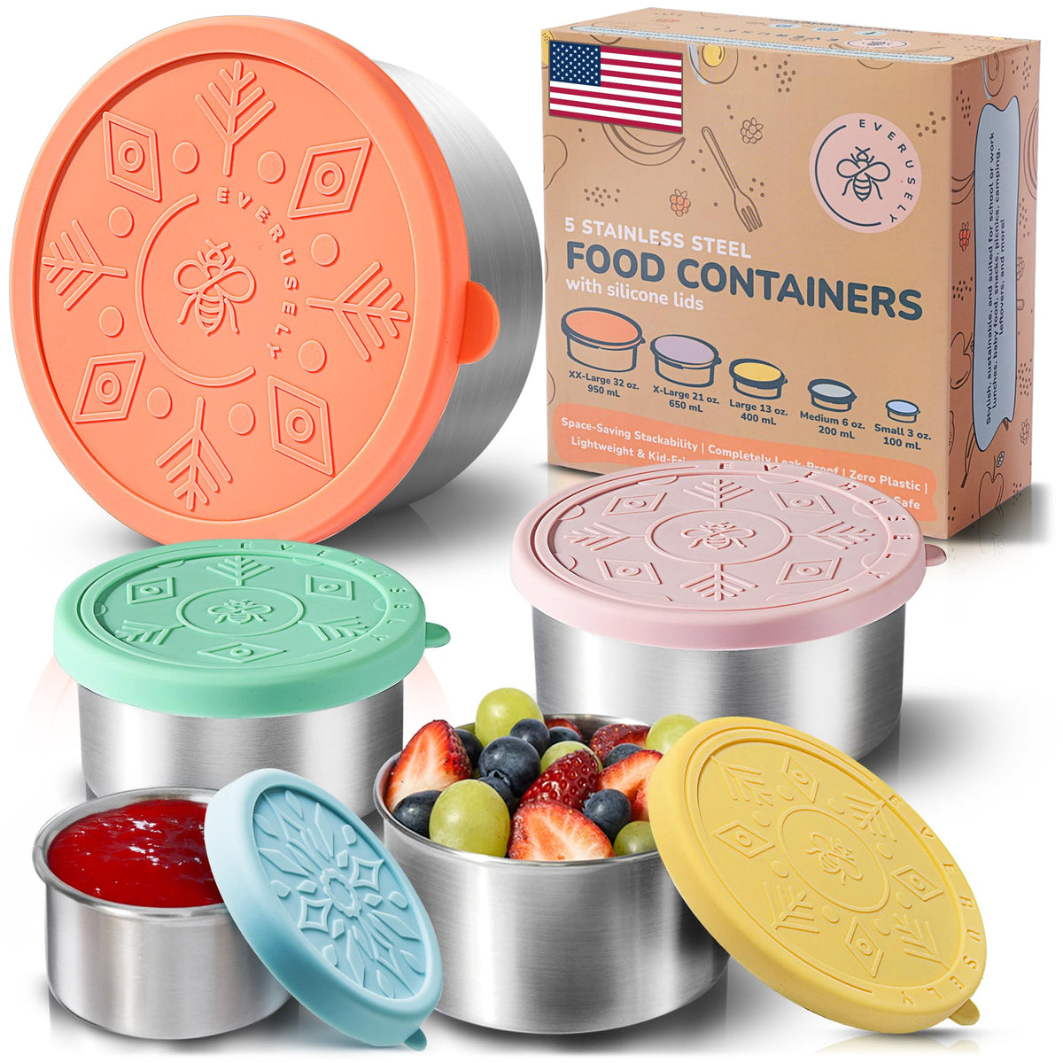 Everusely 32oz stainless steel container with leakproof lid for portable meals.