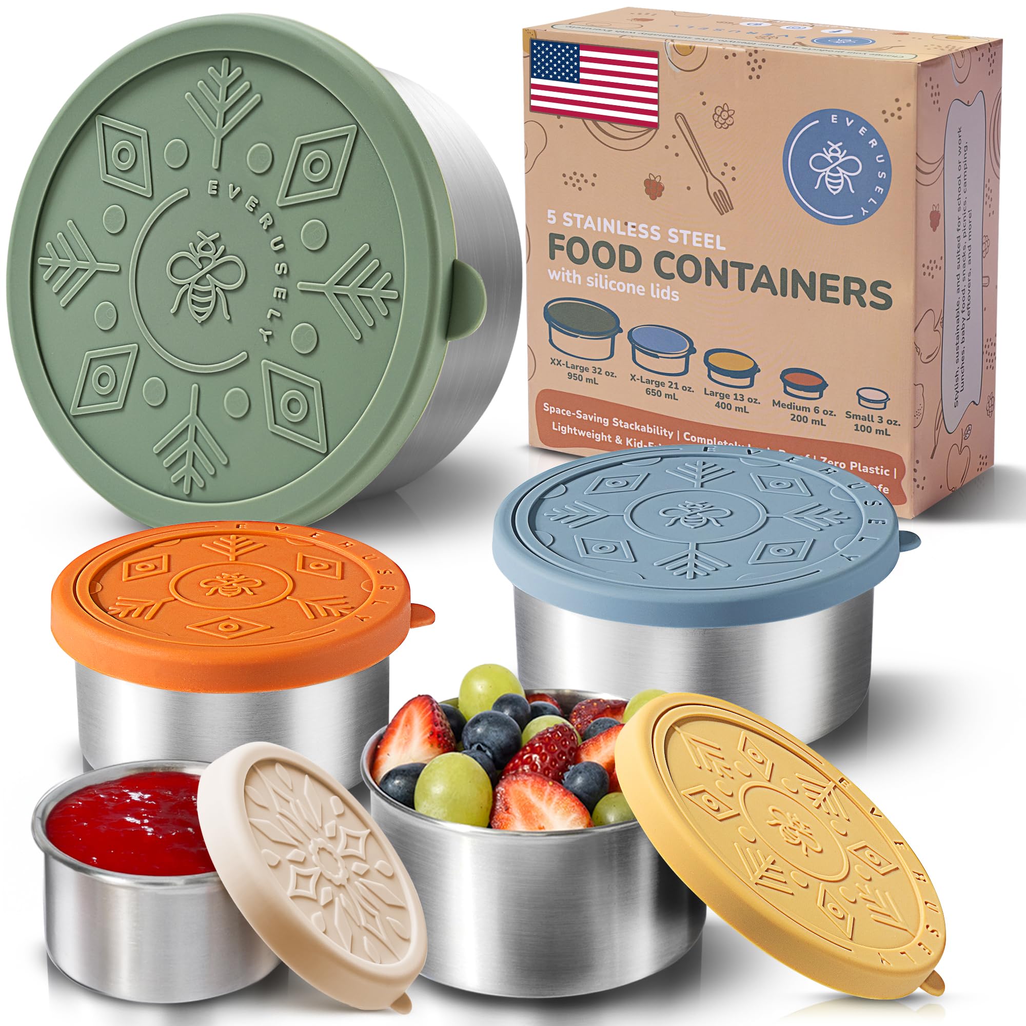 Everusely 5-piece stainless steel containers with lids, durable and reusable for daily meals.