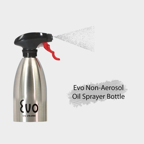 Evo Oil Sprayer 16-ounce bottle sits neatly on a counter.