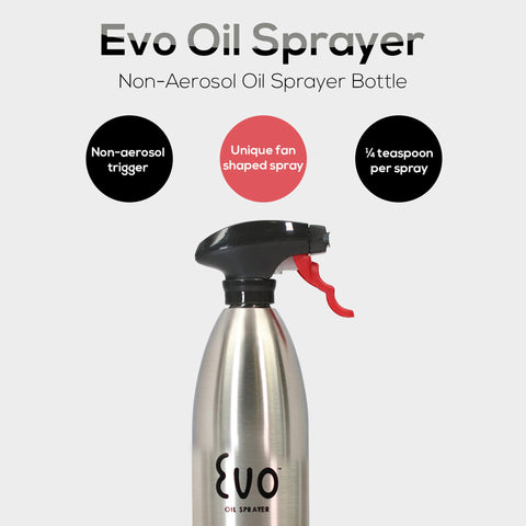 Evo Oil Sprayer works with olive, canola, peanut, sesame oils.