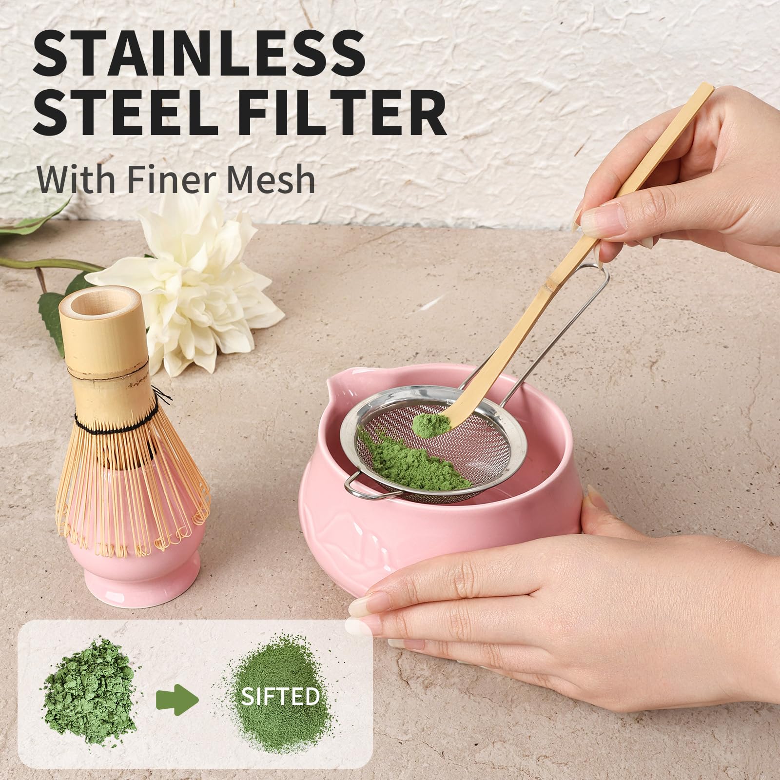 Evoio ultra-fine metal sifter for smooth, lump-free matcha powder.